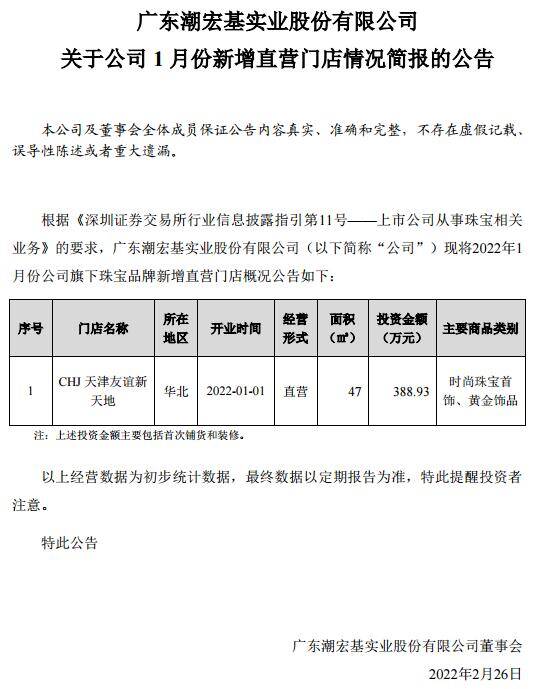 潮宏基1月份新增直营门店1间 投资金额388.93万元