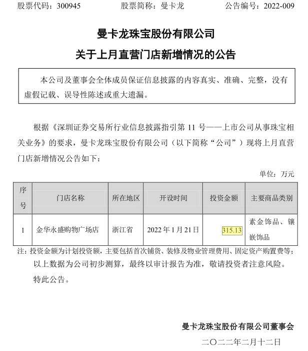 曼卡龙发布2022年1月份直营门店新增情况